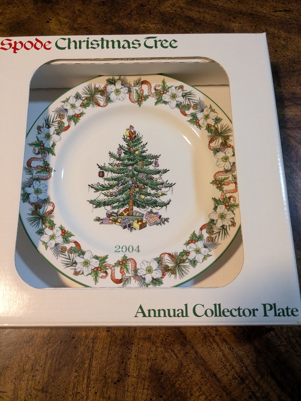 Spode Christmas Tree Plate in White with Green & Red Accents